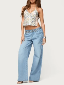 Women's Denim Pants Y2K Jeans Retro Embroidered Pattern Printed Loose Casual Jeans Straight Leg Pants - 霧霾藍 - 查看 5