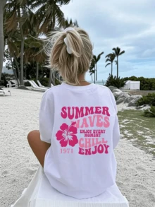 100% Cotton Women's Basic Short-Sleeved T-Shirt, Round-Neck Casual Top, Summer Printed Loose Round-Neck Top "Summer Salvation" With Hibiscus Pattern, White And Pink Letter Design, Double-Sided Printing, Suitable For Beach Outings And Casual Wear, Comfortable Vacation Clothing