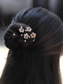 1件韩式优雅装饰发饰，白色仿珍珠梅花金属发夹，长16厘米，不褪色，时尚精致，适合女性和女孩日常佩戴，可用于装饰头发。可伸缩大号U型发夹，女性和女孩发饰，可爱侧梳，发髻延长器，发髻造型器，发髻垫，发夹，发卡，头饰，发型发饰 - 彩色 - 查看 10