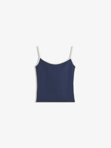 Stay Chic This Summer With Our Women's Slim Fit Camisole: Stylish Spaghetti Strap Crop Tank Top Featuring Stunning Contrast Trim - Màu xanh hải quân - Xem 4