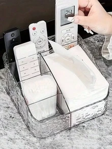 1pc Acrylic Remote Control Holder Caddy, Clear Desktop Organizer With Multi Compartments, For Living Room Coffee Table, Bedroom, Nightstand, Tissue Box Storage, Makeup Brushes Vanity Accessories Organizer, Thick Durable Plastic