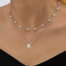 2 件套密镶锆石泡泡字母复古串珠项链不锈钢多层链条女式项链