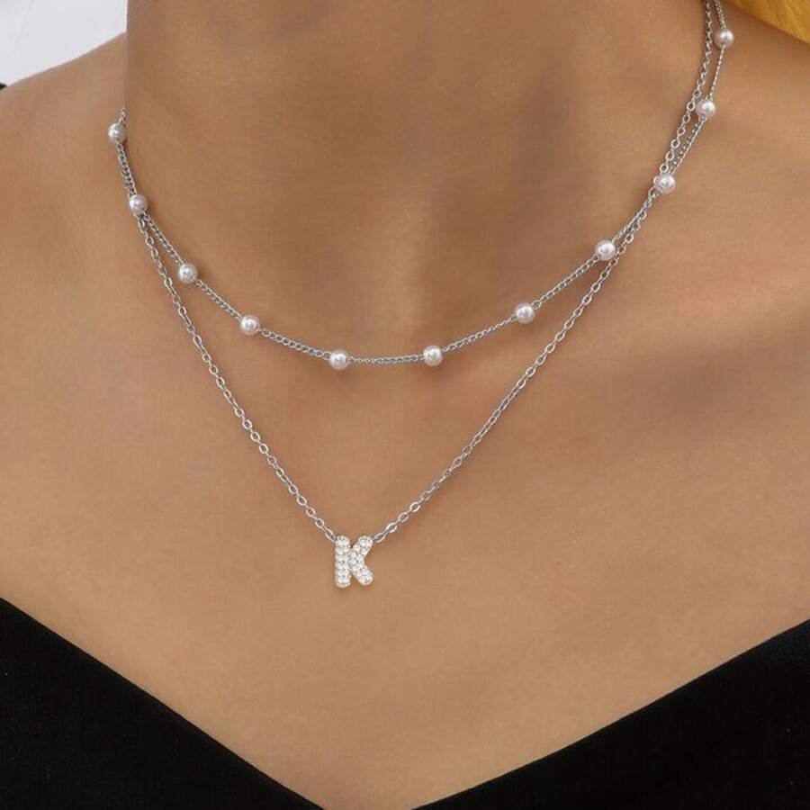 2 件套密镶锆石泡泡字母复古串珠项链不锈钢多层链条女式项链