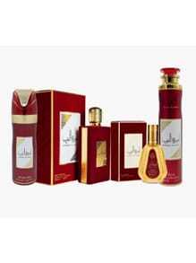Asdaaf Confezione da 4 unità - Confezione originale Lattata, Principessa d'Arabia, Ameerat Al Arab Eau De Parfum 100 ml + Ameerat Al Arab Eau De Parfum 50 ml + Deodorante spray per il corpo 200 ml + Deodorante per ambiente 300 ml di Lattafa - Fragranze orientali di lusso e raffinatezza - Rosso - Visualizzare 1
