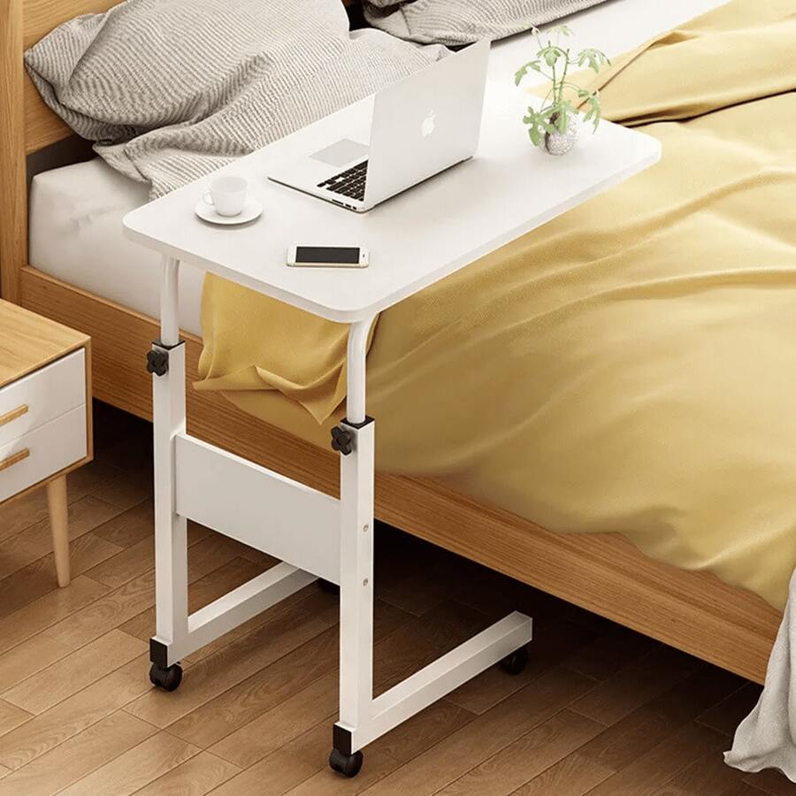 Height Adjustable Mobile Over Bed Table Hospital Overbed Aid Chair Laptop Tray Adjustable Table Student Computer Desk Portable Home Office Furniture For Small Spaces, Bedroom, Bedside - Movable With Storage - White - View 1