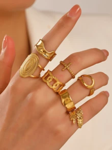 Set de 6 anillos de acero inoxidable para mujeres con formas de sol, luna, estrella y corazón como regalo - anillo de la suerte - Ver 9