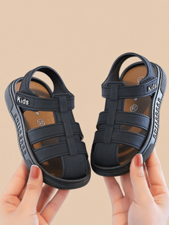 HAHABOBO Black New Fashionable Children's Sandals - Solid Color Striped Pattern, Stylish And Simple, Versatile For Daily Wear, Elegant And Graceful, Suitable For Boys, Girls And Toddlers. Comfortable And Soft, Flat And Lightweight, Hook And Loop, Suitable For Outdoor Walking, Commuting, School, Beach, Garden And Other Occasions, Can Also Be Worn As Slippers; Perfect For Summer, Autumn And All Seasons.