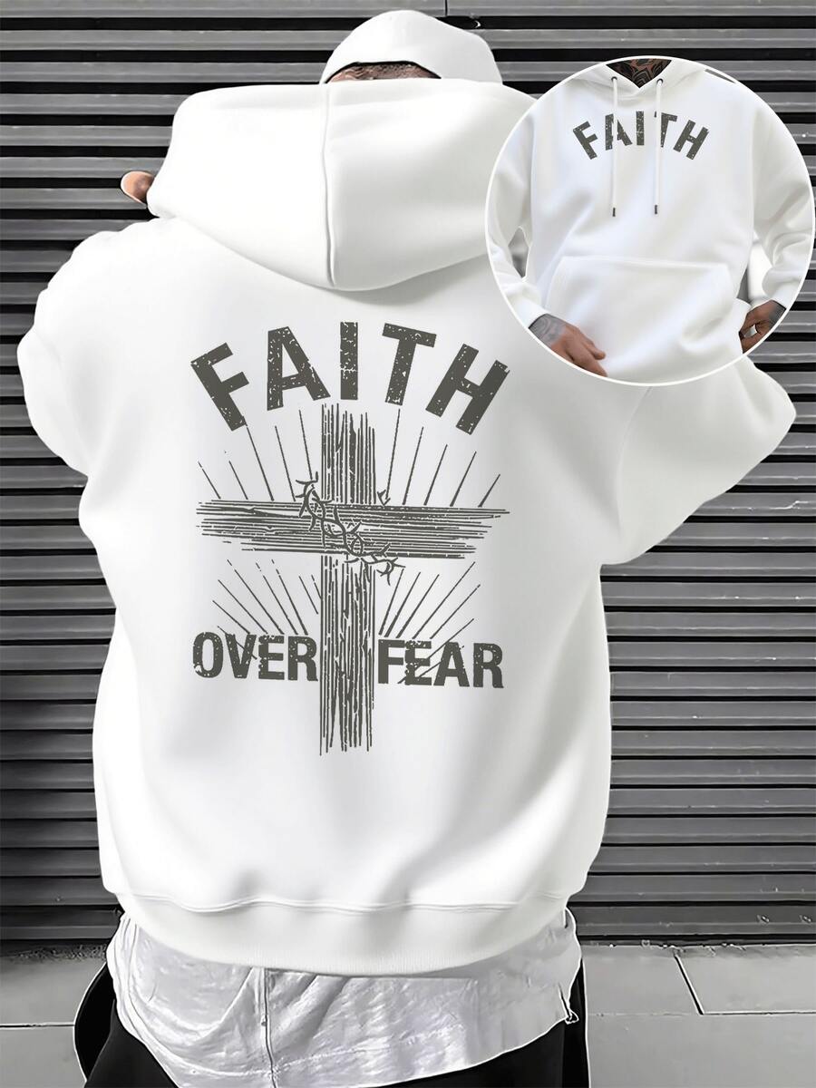 Men's Faith Over Fear Graphic Pullover Hoodie, DoubleSided Print, Premium Cotton Blend, Long Sleeve Sweatshirt, Comfortable & Stylish, Ideal For Casual Wear  Available Now! - 白色 - 查看 1