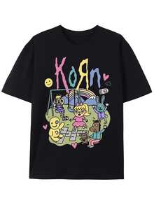 Men KORN Band Graphic T-Shirt Cotton Short Sleeve Black Casual Hip Hop Tee With Colorful Cartoon Design Machine Washable For All Seasons Rock And Roll T Shirts Men Size S-3XL - 黑色 - 查看 1