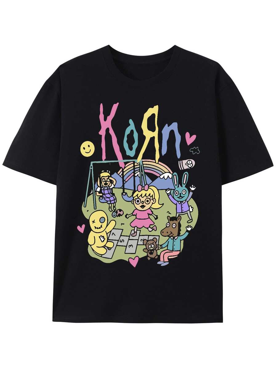 Men KORN Band Graphic T-Shirt Cotton Short Sleeve Black Casual Hip Hop Tee With Colorful Cartoon Design Machine Washable For All Seasons Rock And Roll T Shirts Men Size S-3XL - 黑色 - 查看 1