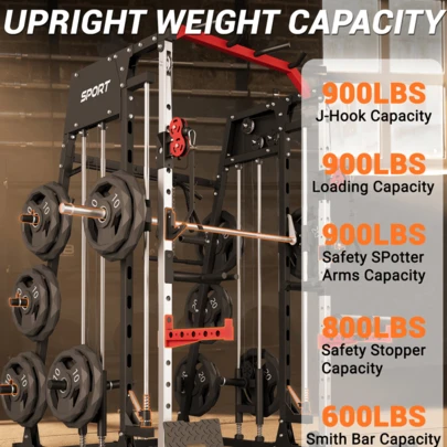 LIZHOUMIL Smith Machine For Home Gym, Multifunctional Strength Training Power Cage With T Bar, LAT-Pull Down System And Cable System, 2200 Lbs Squat Rack