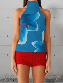 Women's Halter Neck Vest Summer Sleeveless Open Back Flower Print Party Tank Tops - Blue - View 5