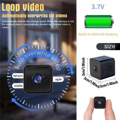 Mini Square Camera, Home Security Camera, Portable Hidden Camera, 480P HD, Infrared Night Vision Wireless WiFi Camera, Built-In Hotspot, Loop Recording, 450mAh Long-Lasting Battery, Supports 2.4G Network Only, HD Night Vision, Remote Monitoring, Motion Detection, SD Card Storage Expansion, Suitable For Home, Car, Office And Various Scenarios, Indoor And Outdoor Use, Online