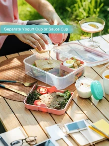 42oz/55oz Caja bento transparente con compartimento para salsa, recipiente de almacenamiento de alimentos de 3 capas de gran capacidad, tapa con asa portátil, material sellado a prueba de fugas, apto para microondas, adecuado para escuela, oficina, trabajo, picnic, campamento, viajes, adultos y niños, caja de almuerzo ideal para volver a la escuela - Multicolor - Ver 7