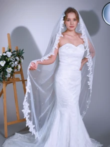 1 pièce Voile de mariée avec bordure en dentelle romantique et décoration de faux perles, disponible en plusieurs longueurs, comprend un peigne à cheveux, convient pour la demande en mariage, les fiançailles, le mariage et la cérémonie civile. Vêtements d'automne pour femmes - V82 - Voir 19