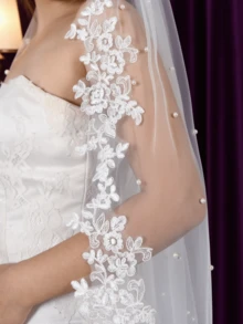 1 pieza Velo de novia con adorno de encaje romántico y decoración de perlas falsas, disponible en múltiples longitudes, incluye peine para el cabello, adecuado para propuesta, compromiso, boda y ceremonia civil, accesorio para el Día de San Valentín