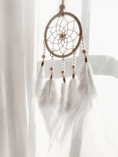 1pc Pearl & Feather Dream Catcher Decor, Boho Feather Wind Chime Ornament, Gift For Valentine's Day, Birthday, Suitable For Car, Room, Home, Wedding Party Decoration (Feathers Are Artificial)