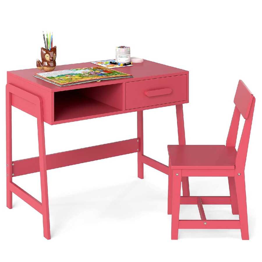 Children's Desk With Chair Set, Children's Desk Set With Drawer, Pinewood Legs, Children's Seating Group, Youth Desk, Student Desk For Children From 3 Years, 85 X 48 X 70 Cm - Pink - View 1