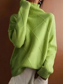 Plus Size Women Solid High Neck Long Sleeve Pullover Sweater, Autumn/Winter - 綠色 - 查看 2