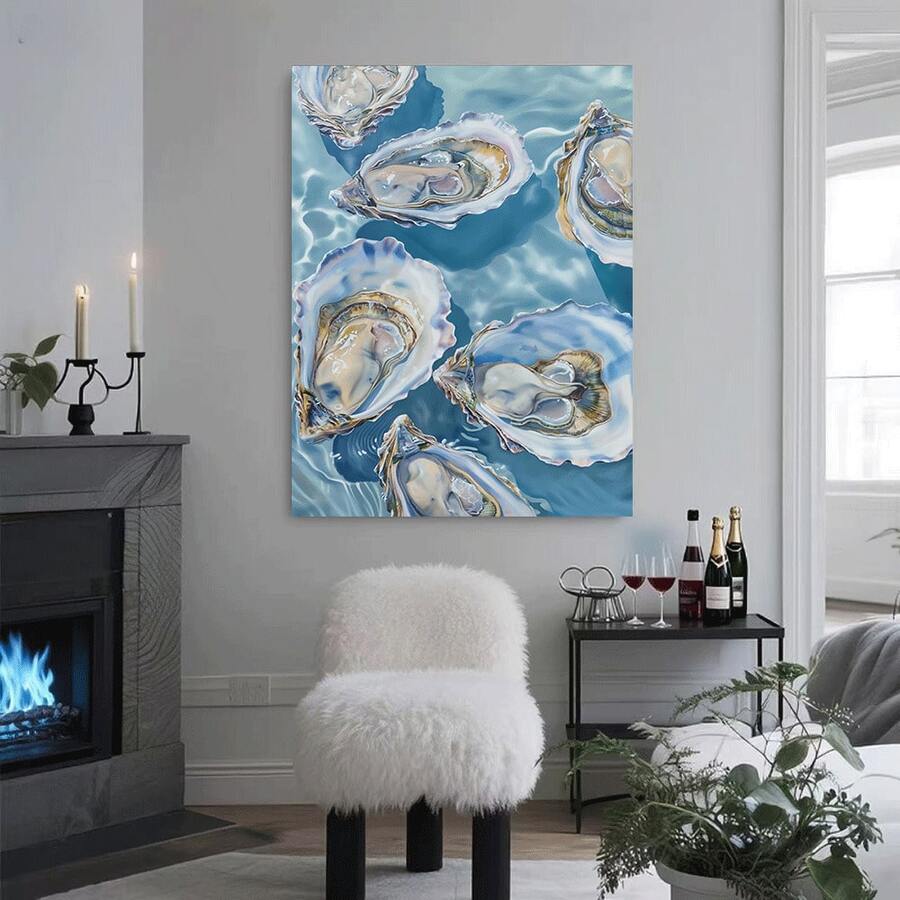 Framed Blue Oyster Print Coastal Beach Posters Oyster Canvas Wall Art Pastel Shell Pictures Watercolor Oyster Art Shell Watercolor Print Abstract Seashell Wall Art... - Đã đóng khung - Xem 1