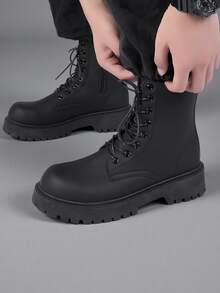 时尚哑光高帮男士踝靴，厚底，防滑，复古休闲靴，圆头，适合冬季户外 - 黑色 - 查看 5