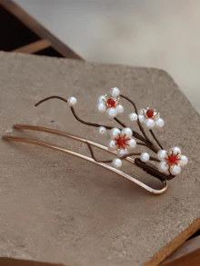 1件韩式优雅装饰发饰，白色仿珍珠梅花金属发夹，长16厘米，不褪色，时尚精致，适合女性和女孩日常佩戴，可用于装饰头发。可伸缩大号U型发夹，女性和女孩发饰，可爱侧梳，发髻延长器，发髻造型器，发髻垫，发夹，发卡，头饰，发型发饰 - 彩色 - 查看 2