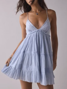 Women Lace Trim Mini Cami Dress Spaghetti Strap Square Neck Short Dress Boho Loose Flowy Backless Babydoll Dresses - 藍色 - 查看 1