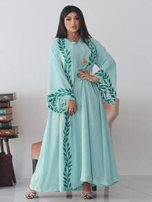 中东时尚街头风格夏季雪纺长款刺绣粉色圆领连衣裙配头巾 - 淺綠色 - 查看 2