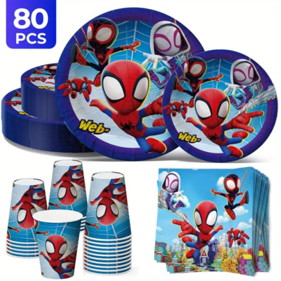Marvel 80pcs Spider-Man Superhero Disposable Tableware Set, Includes 20 Dinner Plates, 20 Dessert Plates, 20 Cups, And 20 Napkins, Disposable Party Supplies Suitable For Camping, Picnic, Backyard BBQ, Wedding, Birthday Party
