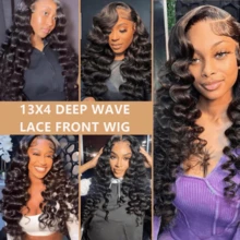 10-34 Inch 200% Density 13x4 Loose Deep Wave Wig Lace Fontal Wig Human Hair Pre Plucked Human Hair Wigs For Women Human Hair HD Transparent Lace Frontal Wig Deep Curly Wigs For Beginners - SNatural - 查看 11