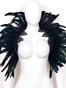 一件黑色羽毛披肩，带蕾丝领，适合参加化装舞会，可搭配手镯、项链等配饰。 - 黑色 - 查看 12