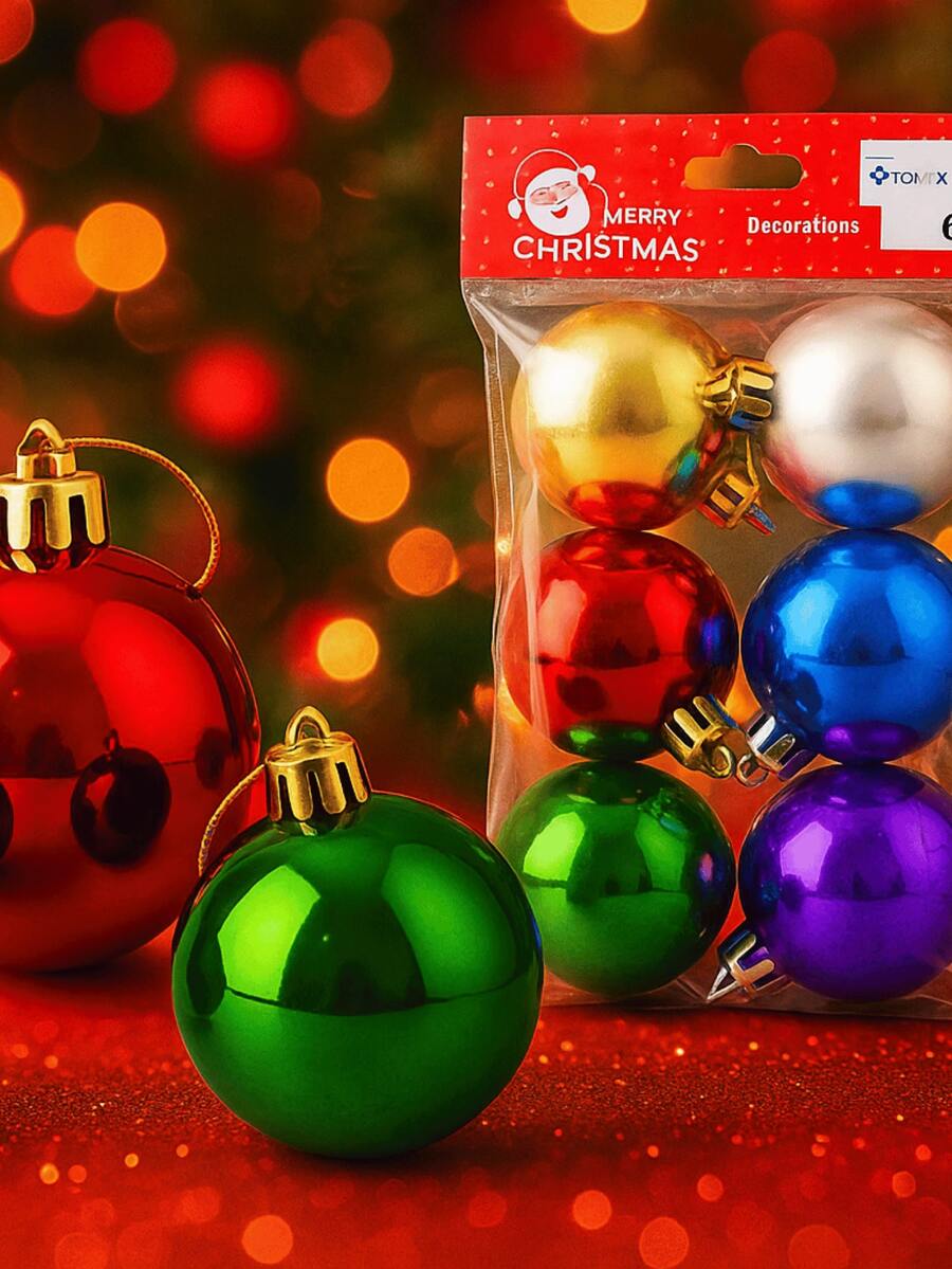 Kit 6 Bolinhas de Natal com Brilho Sortido Tamanhos Grande 10cm Árvores e Decoração Natalina Festão Papai Noel - 8cm - Sortido- 6un GTIN - Visão 1
