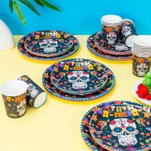 75pcs Halloween Paper Plates - Day Of The Dead Party Supplies Skull Disposable Plates, Cups, Napkins, Dessert/Dinner Plates For Halloween Skeleton Day Birthday Party Decorations