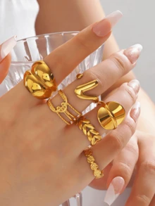 Set de 6 anillos de acero inoxidable para mujeres con formas de sol, luna, estrella y corazón como regalo - anillo de la suerte - Ver 14