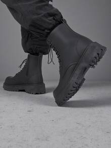 时尚哑光高帮男士踝靴，厚底，防滑，复古休闲靴，圆头，适合冬季户外 - 黑色 - 查看 4