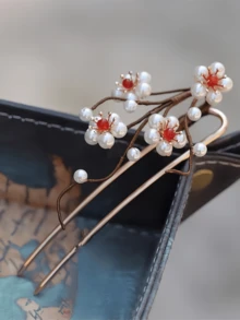 1件韩式优雅装饰发饰，白色仿珍珠梅花金属发夹，长16厘米，不褪色，时尚精致，适合女性和女孩日常佩戴，可用于装饰头发。可伸缩大号U型发夹，女性和女孩发饰，可爱侧梳，发髻延长器，发髻造型器，发髻垫，发夹，发卡，头饰，发型发饰 - 彩色 - 查看 4