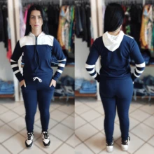 Women's Cold Weather Sweatshirt Set Crepe Knit Long Sleeve Autumn Winter With Hood - Xanh đậm - Xem 2