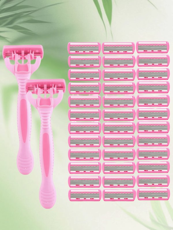 2 Griffe + 36 Klingen/Rosa Damen Universal, Manueller 6-Schicht Rasierer, Edelstahlklingen, sicher und kratzfest, geeignet für Heim-Pflege und Schönheitstools