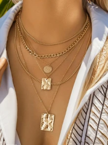 GARMEND 独特的金属链多层项链，别致的蛇皮几何吊坠项链，适合女士 - B - 查看 4