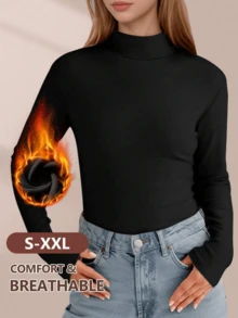 1 件秋冬新款保暖内衬高领长袖上衣，修身休闲运动外套汗衫，百搭女士服装 - 黑色 - 查看 1