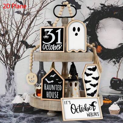 5 Pieces Halloween Table Decorations Ornaments 2D Flat Halloween Silly Decorations | Bat Coffin, House, Ghost, Witch, October 31st Sign Ornaments