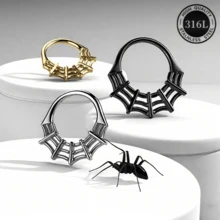 SENLANSP 1 件 316L 不锈钢独特蜘蛛网隔膜环/软骨/耳钉/耳夹珠宝/海螺穿孔/耳夹，恐怖万圣节珠宝，男女通用 - 鼻環 - 查看 1