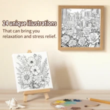 24页成人及青少年花园主题涂色书 - （珍珠封面） - 升级加厚纸张，适合放松、节日及生日礼物（随机附赠5张贴纸） - 艺术性强、简洁易学的插图，适合经验丰富的涂色爱好者、学校用品、返校DIY绘画书、儿童绘画教育玩具 - 20x20cm 24pages - 查看 8