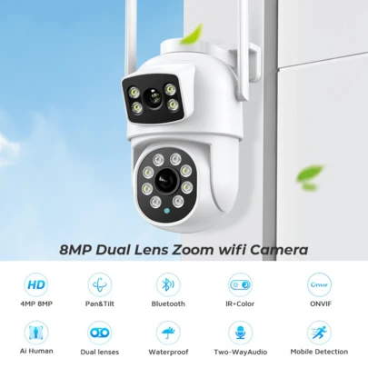2MP +2MP Dual Len Security Camera Outdoor For Home Security, 360° View Pan/Tilt 2.4/5GHz Wifi Wireless Surveillance Camera, Night Vision, Motion Detection, Two-Way Call CCTV IP PTZ Camera