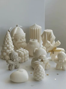 限量版圣诞蜡烛模具，DIY 3D圣诞树、姜饼人、雪花、房屋造型，手工香薰蜡烛装饰，硅胶材质，易于拆卸和重复使用 - 白色 - 查看 1