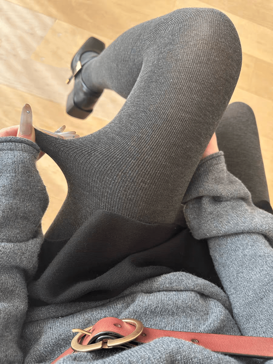 Damen Herbst/Winter Grau gerippte Leggings mit hoher Taille, hochelastische Po-hebende und schlankmachende Strumpfhosen, geeignet für Herbst/Winter Zuhause, Lässig, Büromode