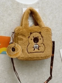 一套（手提袋+零钱包）棕色毛绒海豚斜挎包，可爱动物图案，休闲旅行必备，柔软毛绒面料，海豚耳机零钱包，卡通毛绒零钱包，钥匙扣，小物件收纳包，母亲节礼物，返校季礼物，妇女节礼物，节日礼物 - 彩色 - 查看 5