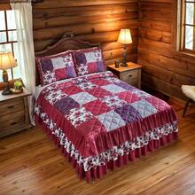 Patchwork Style Quilted And 3-Tier Ruffled Bedspread - Red - View 4