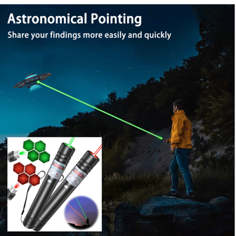 Krachtige laserpointerpen, laserpointerzaklamp met rood/groene straal, behuizing van aluminiumlegering, oplaadbaar via USB, meerdere sterrenhemelpatronen, geschikt voor targeting, projectie, kattenspeelgoed, kamperen, wandelen, astronomie en meer scenario's.