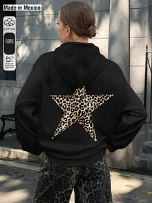 Francisca Sudadera con capucha de felpa con cordón, estampado de leopardo y estrella, informal, para otoño/invierno, de manga larga - Negro - Ver 1